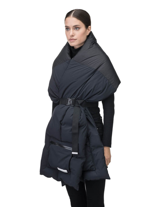 Chroma Unisex Oversized Puffer Scarf in stretch ripstop and taffeta nylon in a quilted pattern, Canadian White Duck Down insulation, cobra buckle belt with webbing strap, and large zipper pocket at scarf end, in Black
