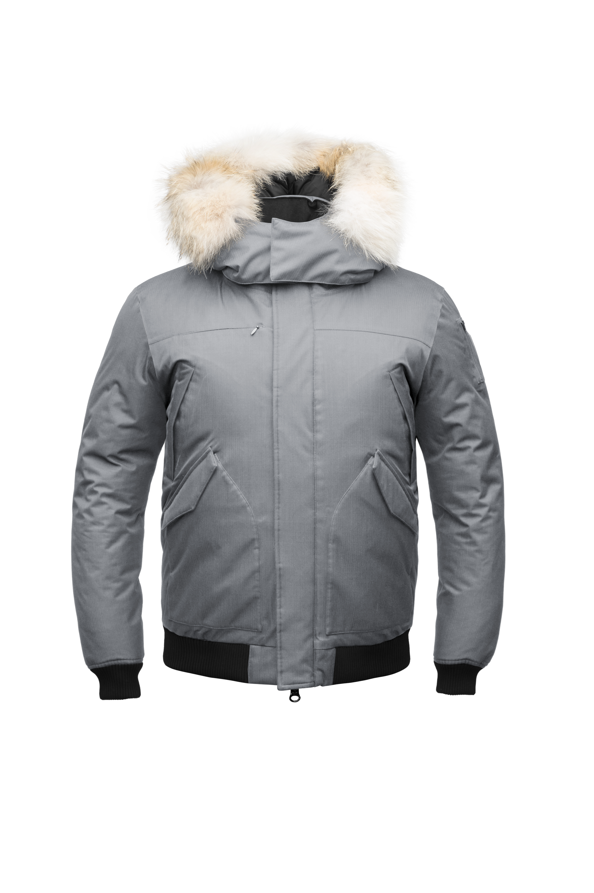 Men's classic down filled bomber jacket with a down filled hood that features a removable coyote fur trim and concealed moldable framing wire in Concrete