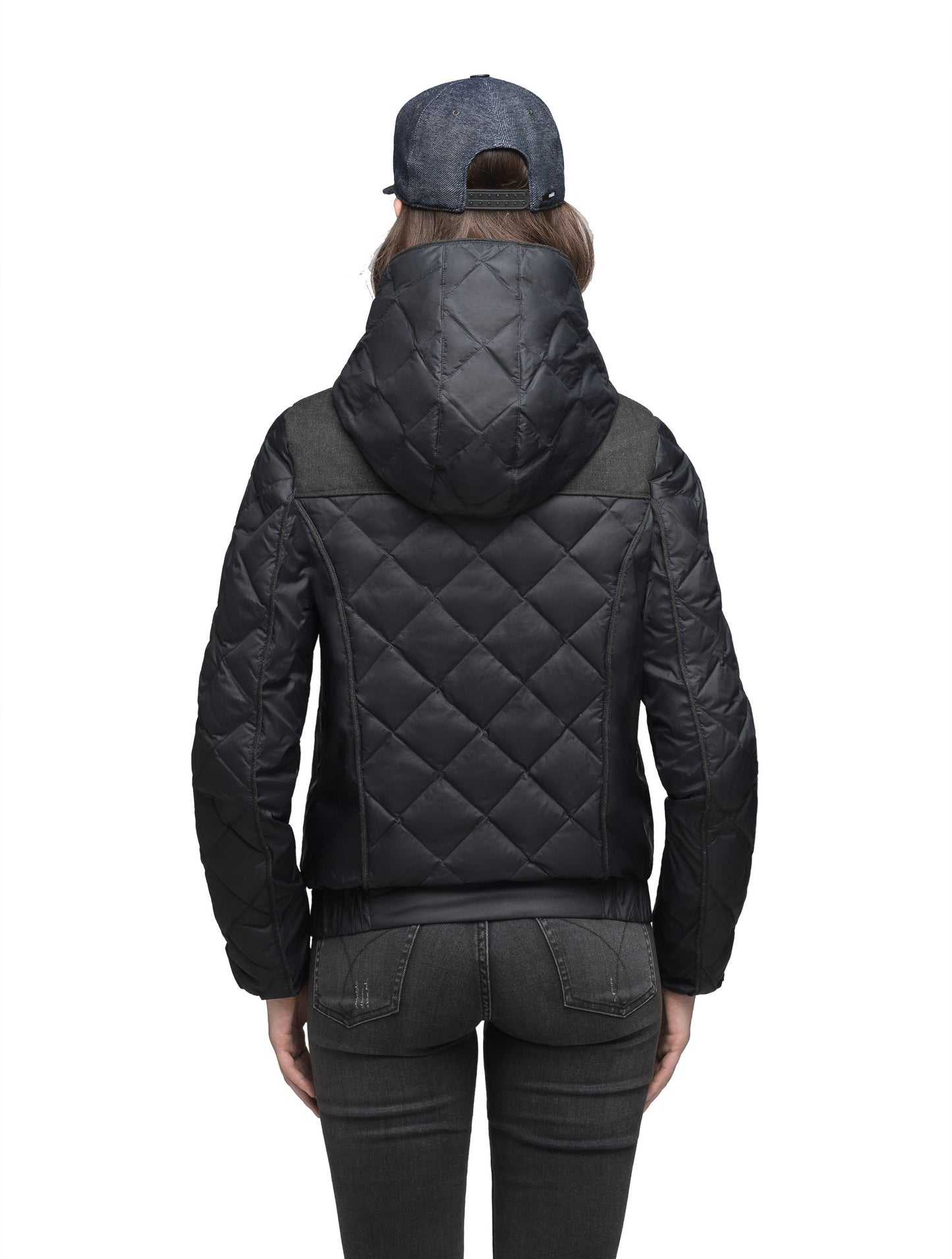 Lightweight women's jacket with hood and quilted pattern featuring a contrasting upper fabric in Black