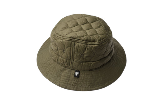 Reversible bucket hat in Fatigue color with one quilted side and one wool tweed side