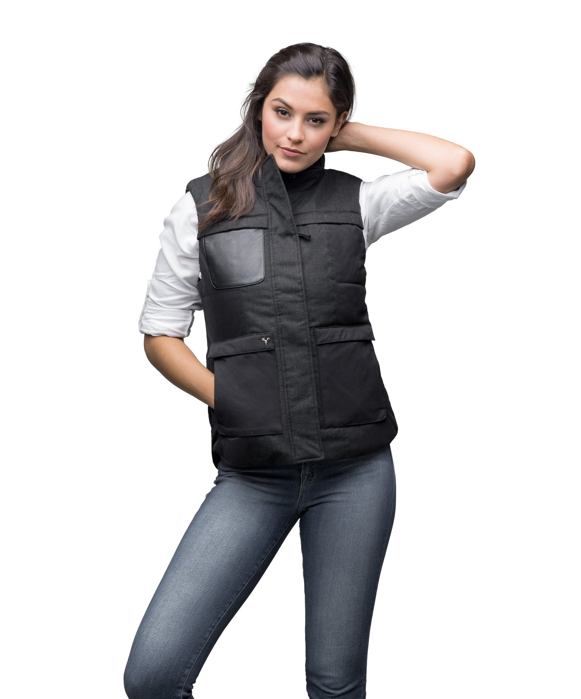Women's down filled vest that features a 925 Sterling Silver Nobis Skull in Black