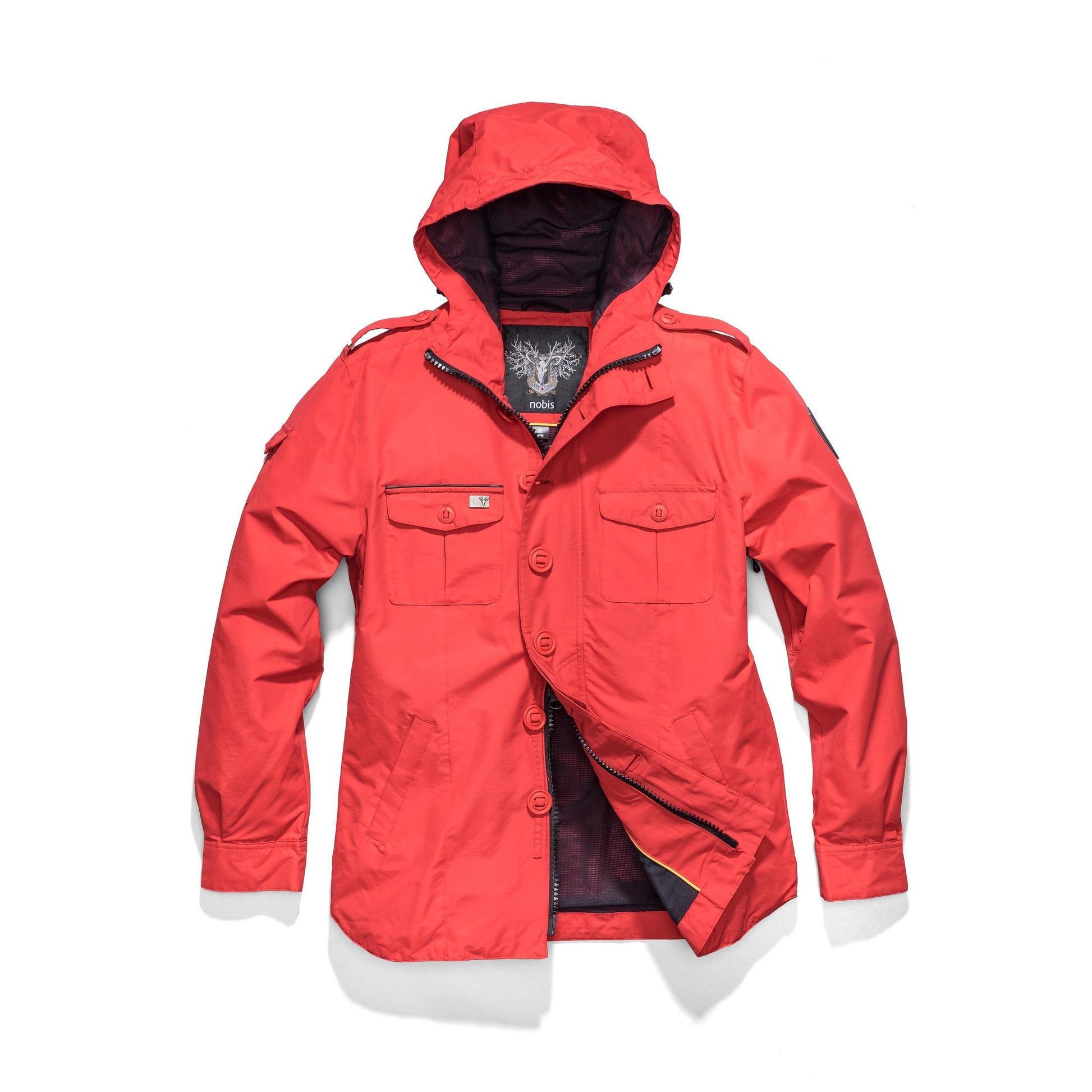 Men's hooded shirt jacket with patch chest pockets in Red