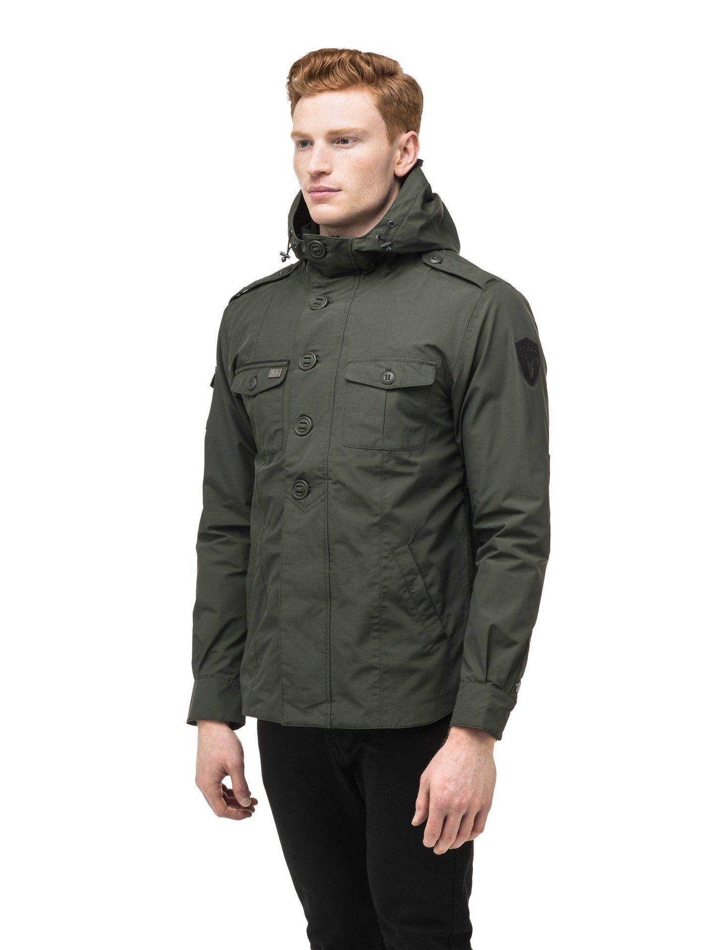 Men's hooded shirt jacket with patch chest pockets in Dark Forest