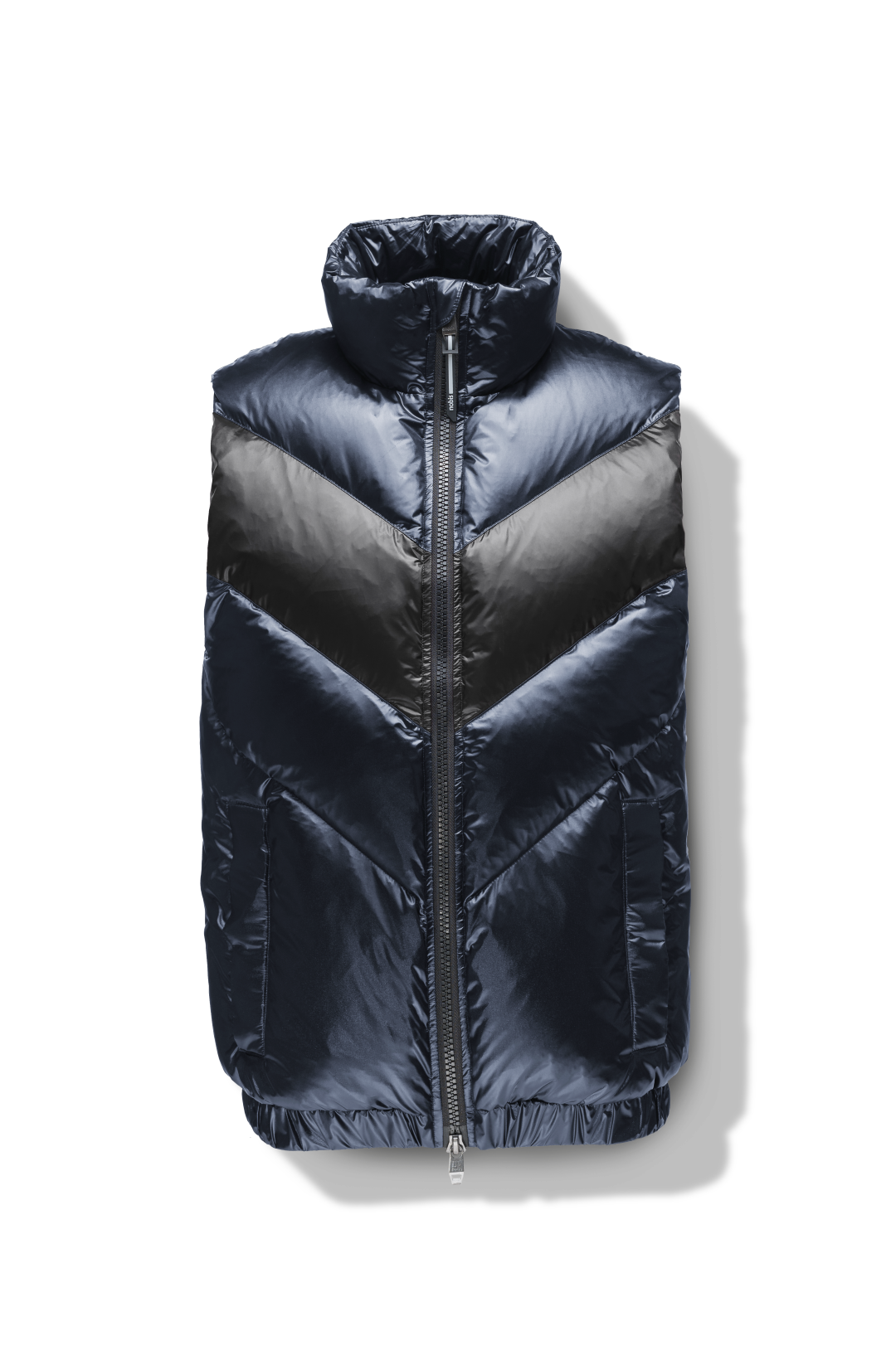 Kylo Men's Chevron Quilted Vest in hip length, premium cire technical nylon taffeta fabrication, Premium Canadian origin White Duck Down insulation, two-way centre-front zipper, fleece-lined pockets at waist, elasticized waistband, in Navy/Black