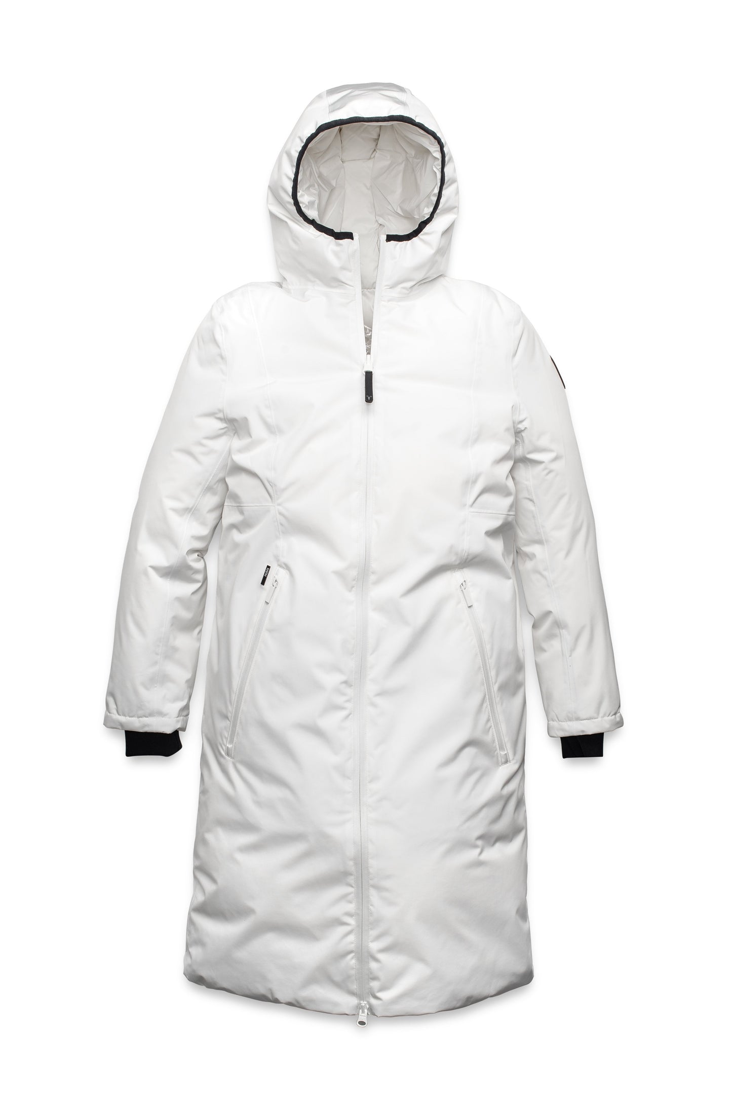 Ladies knee length reversible down-filled parka with non-removable hood in Chalk