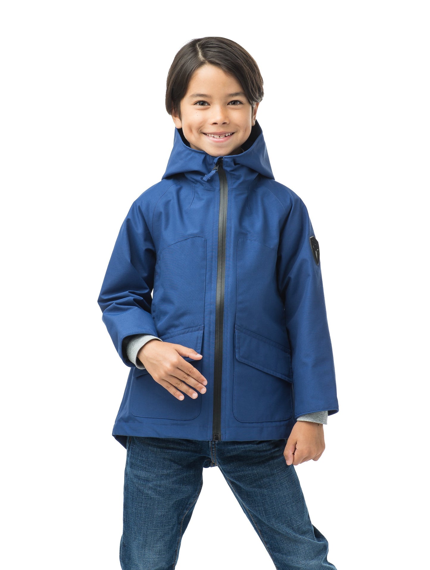 Kid's hip length fishtail rain jacket with hood in Royal