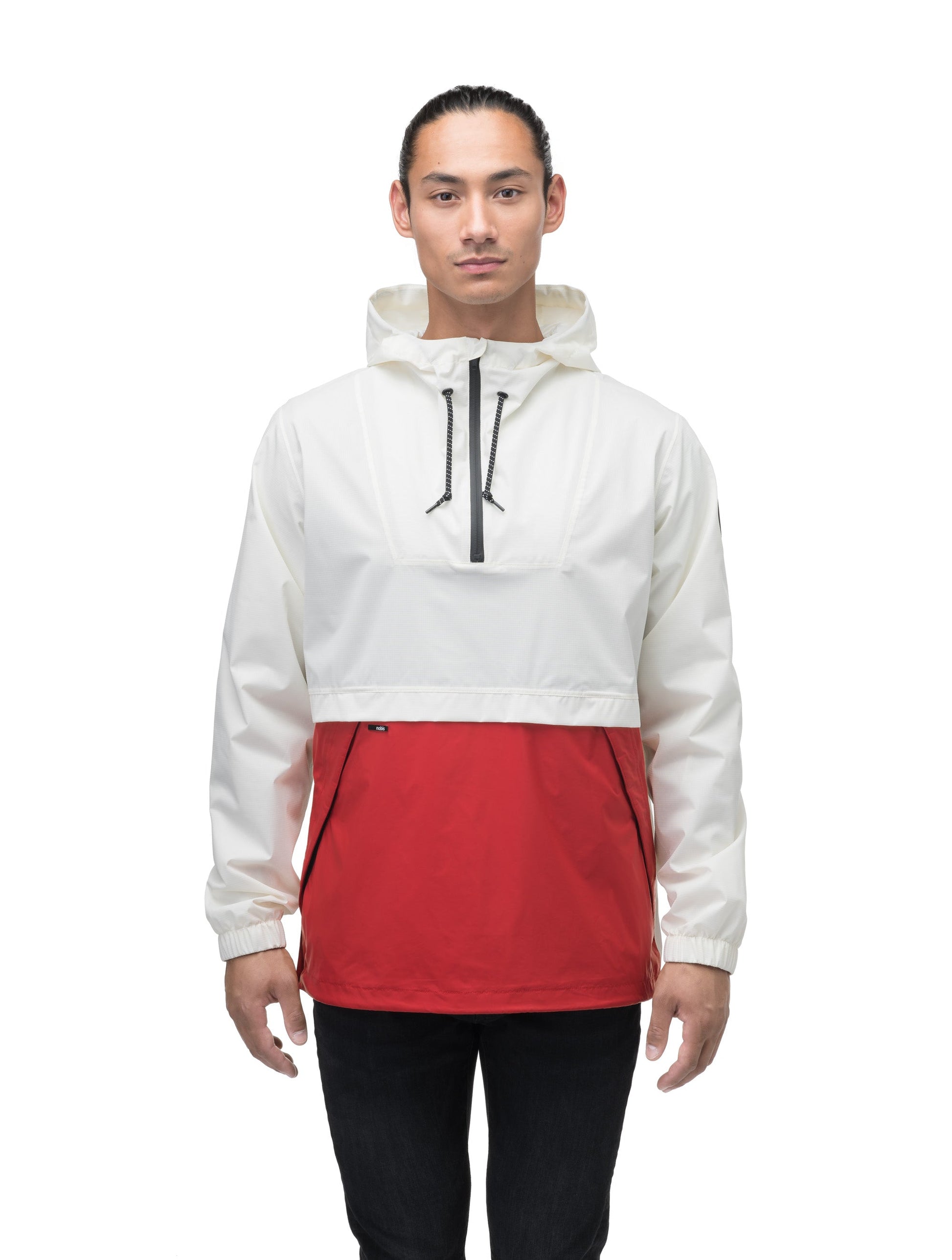 Men's hip length hooded pullover anorak with zipper at collar in Chalk/Vermillion