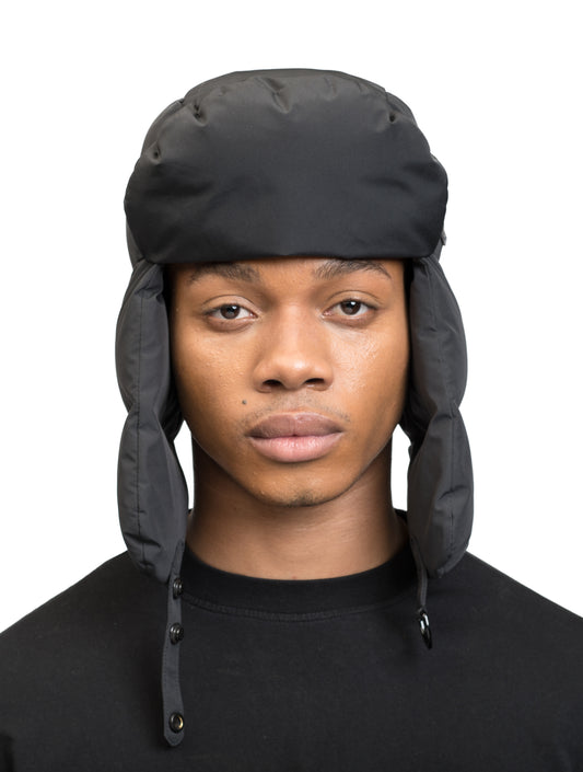 Unisex down-filled fargo hat with adjustable chin strap in Black
