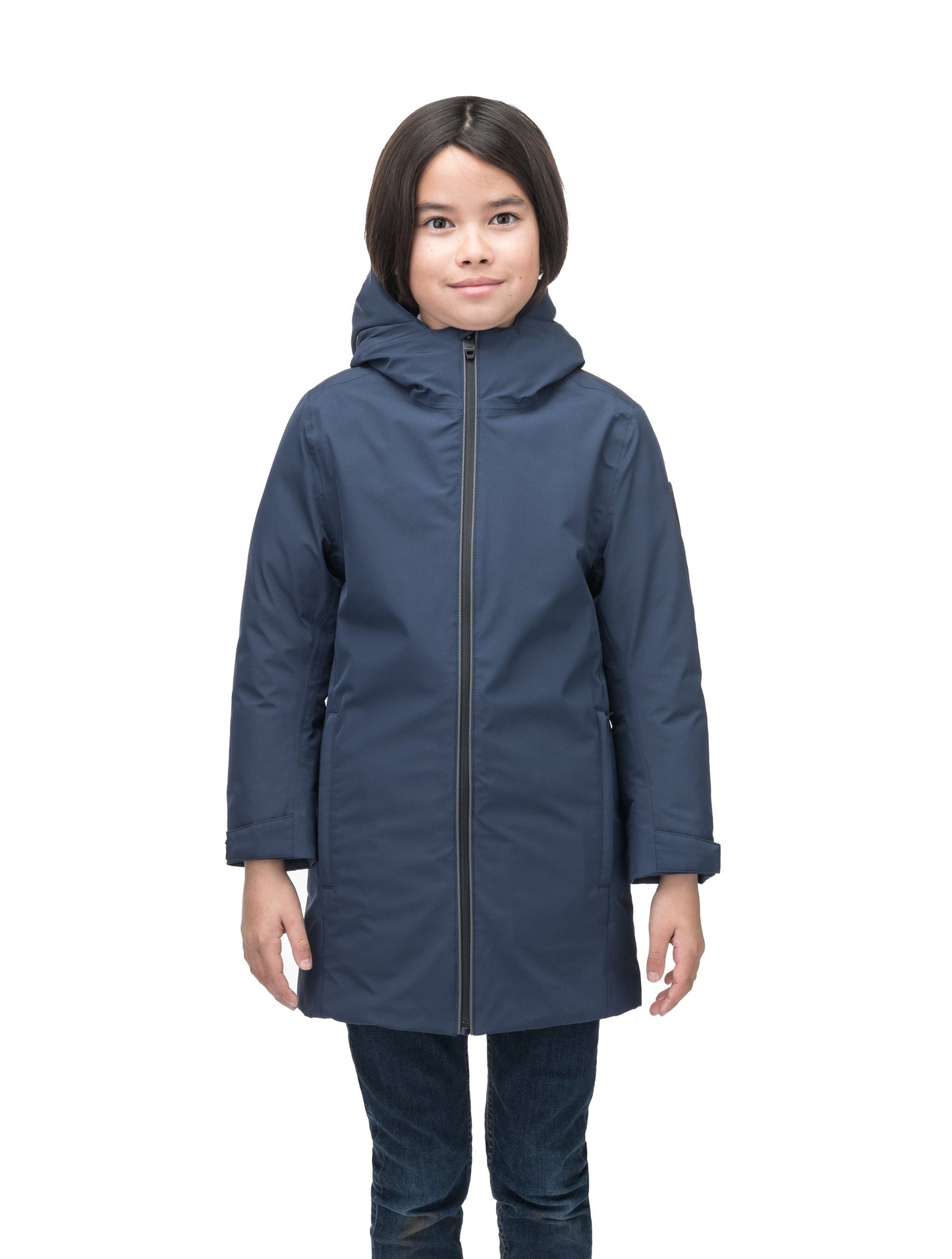 Little Comet Kids Parka in thigh length, Canadian duck down insulation, non-removable hood, two-way front zipper, packable body, in Marine