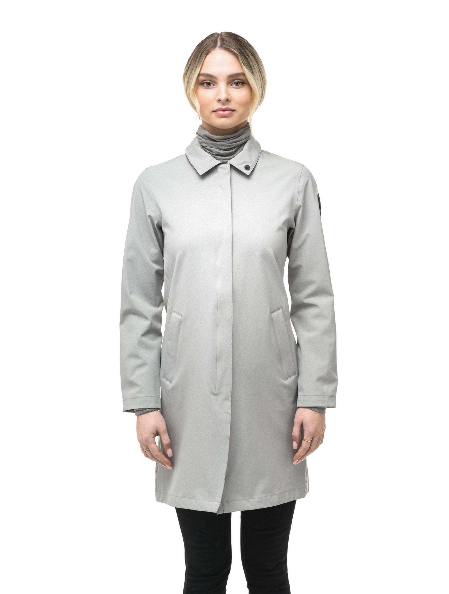 Women's thigh length collared rain jacket in Light Grey