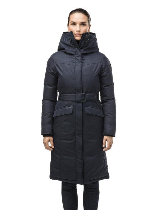 Women's maxi down filled parka with calf length hem in Navy