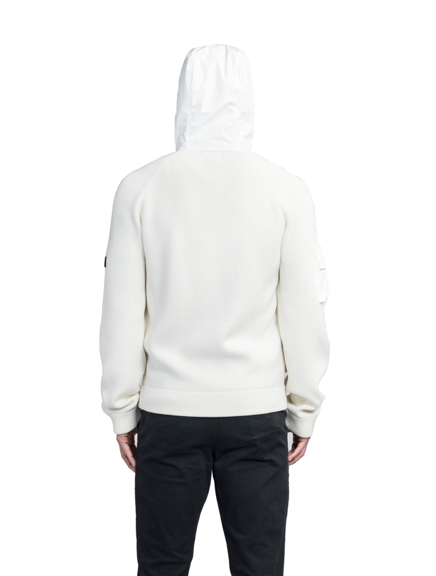 Hedge Men's Performance Hoodie in hip length, premium 3-ply micro denier and 100% virgin extra fine merino wool knit fabrication, Primaloft Gold Insulation Active+, non-removable hood with adjustable drawstrings, two-way centre-front zipper, magnetic closure side-entry pockets at waist, in Chalk