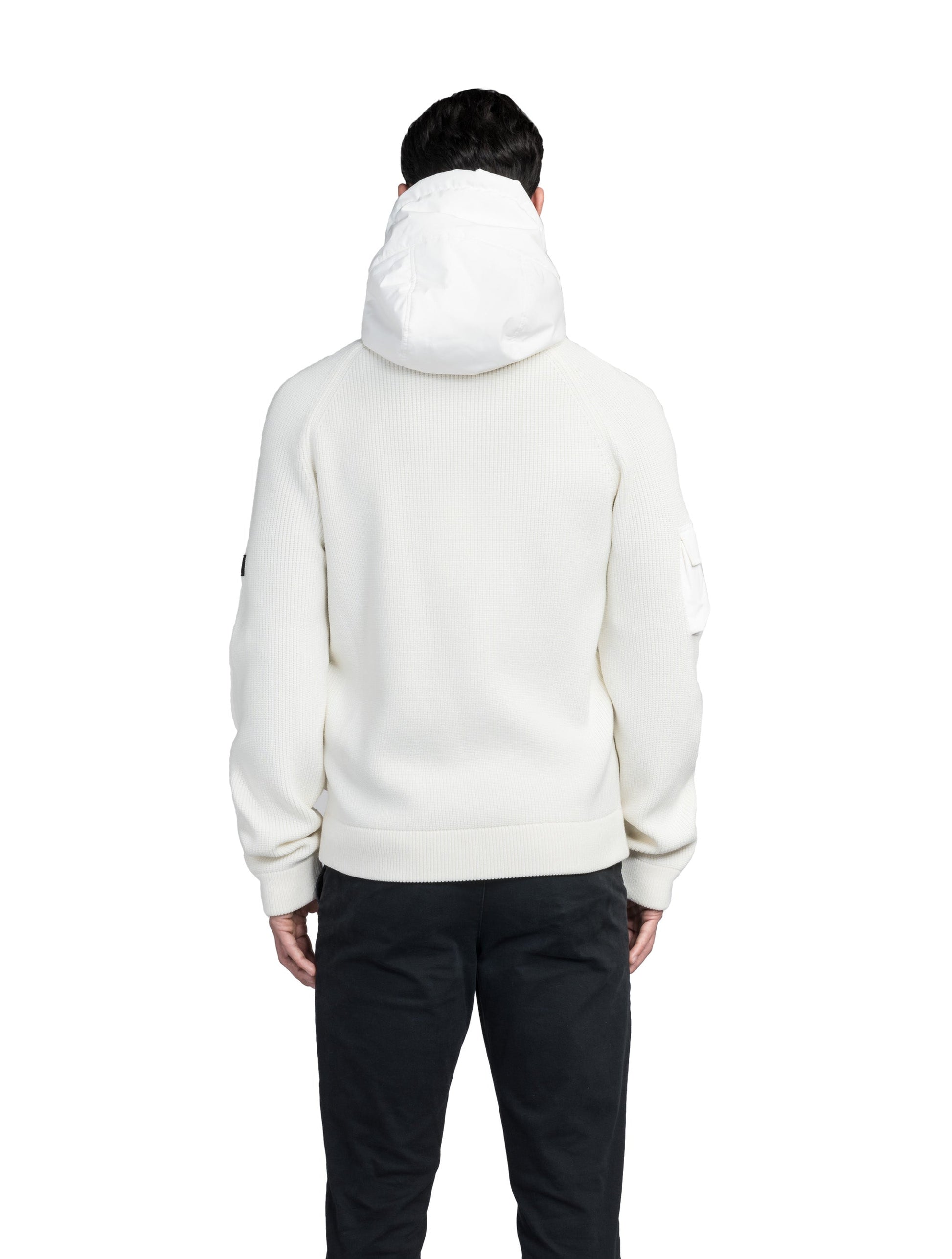Hedge Men's Performance Hoodie in hip length, premium 3-ply micro denier and 100% virgin extra fine merino wool knit fabrication, Primaloft Gold Insulation Active+, non-removable hood with adjustable drawstrings, two-way centre-front zipper, magnetic closure side-entry pockets at waist, in Chalk