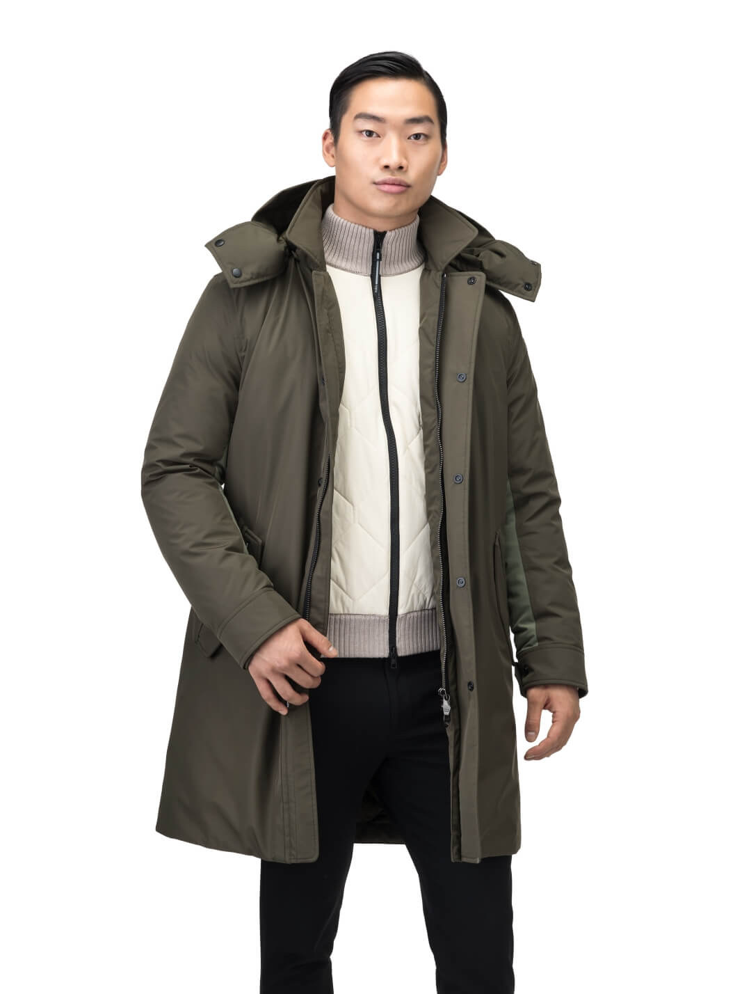 Nord Men's Tailored Trench Coat in knee length, 3-Ply Micro Denier and 4-Way Durable Stretch Weave fabrication, Premium Canadian White Duck Down insulation, removable down-filled hood, exterior zipper pocket at left chest, and adjustable snap button cuffs, in Fatigue/Eden