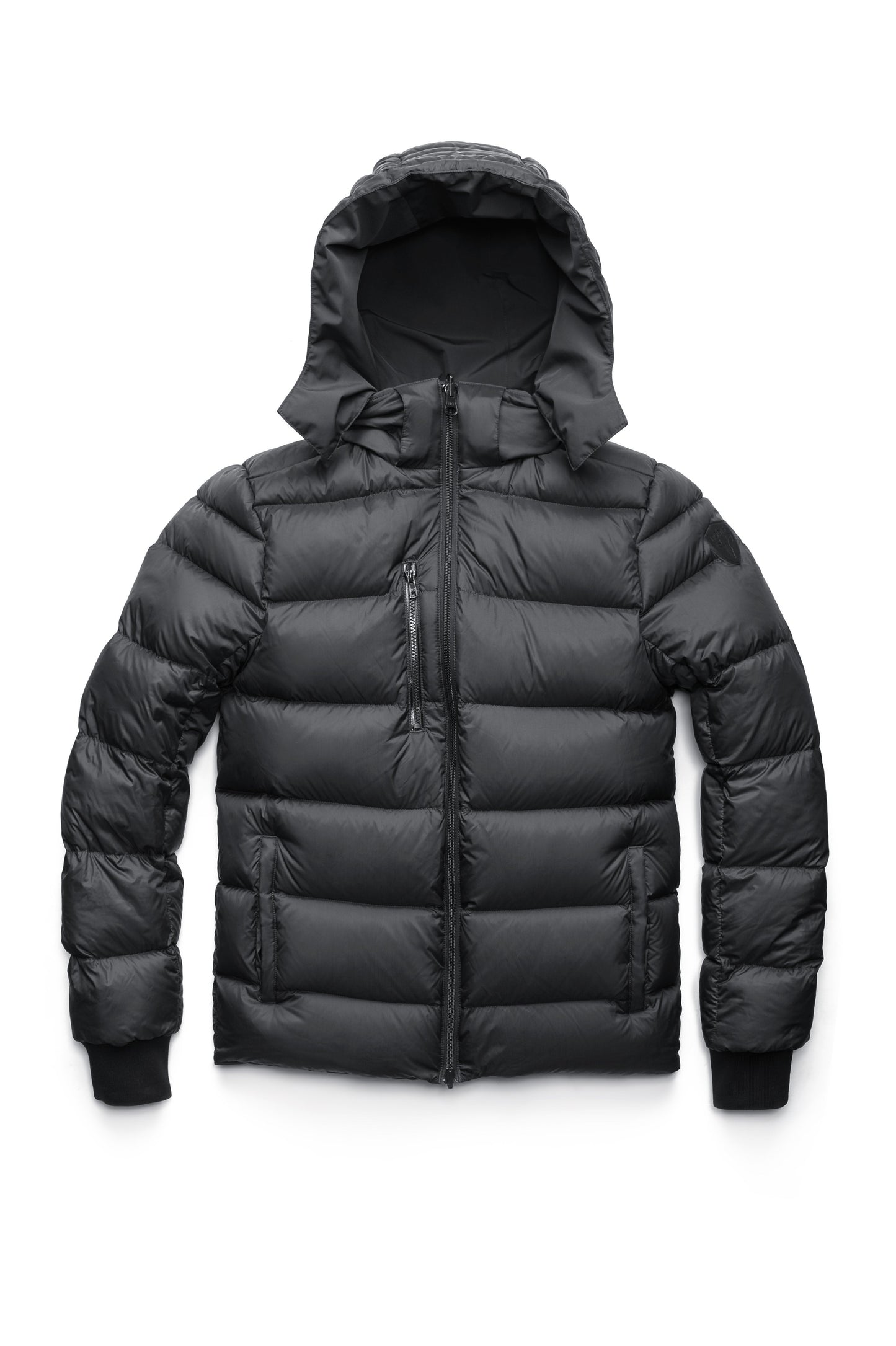 Hip length, reversible men's down filled jacket with removable hood in Black