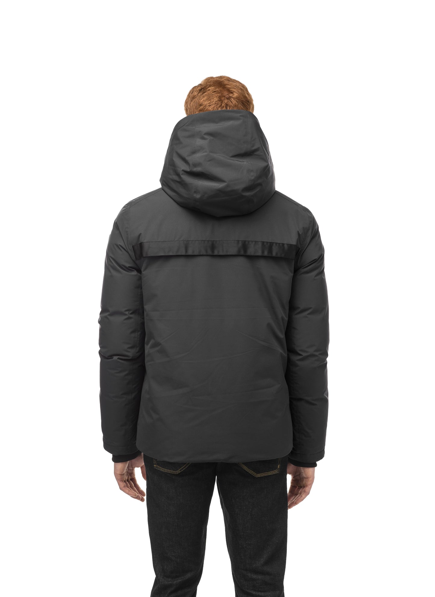 Hip length, reversible men's down filled jacket with removable hood in Black