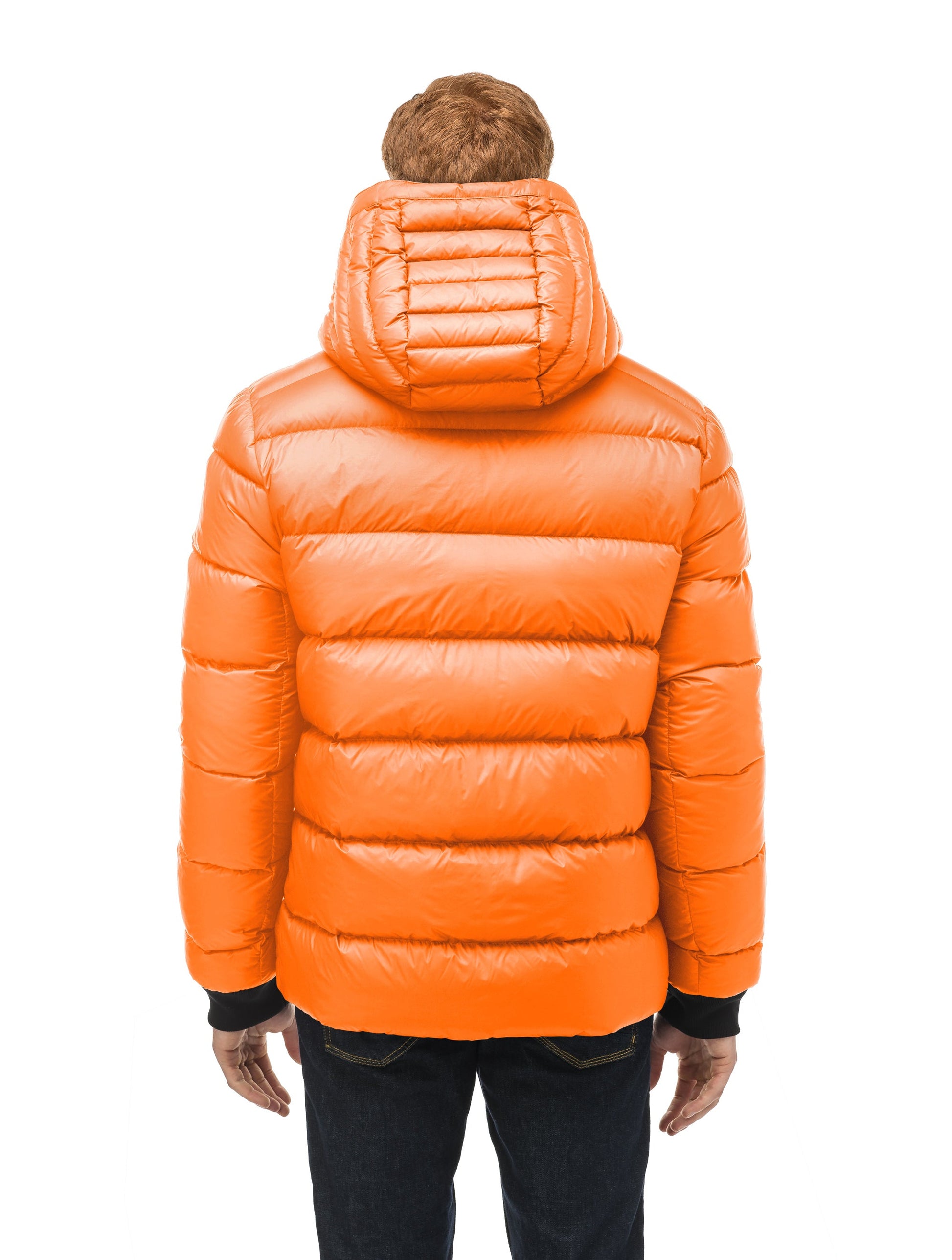 Hip length, reversible men's down filled jacket with removable hood in Chalk/Atomic