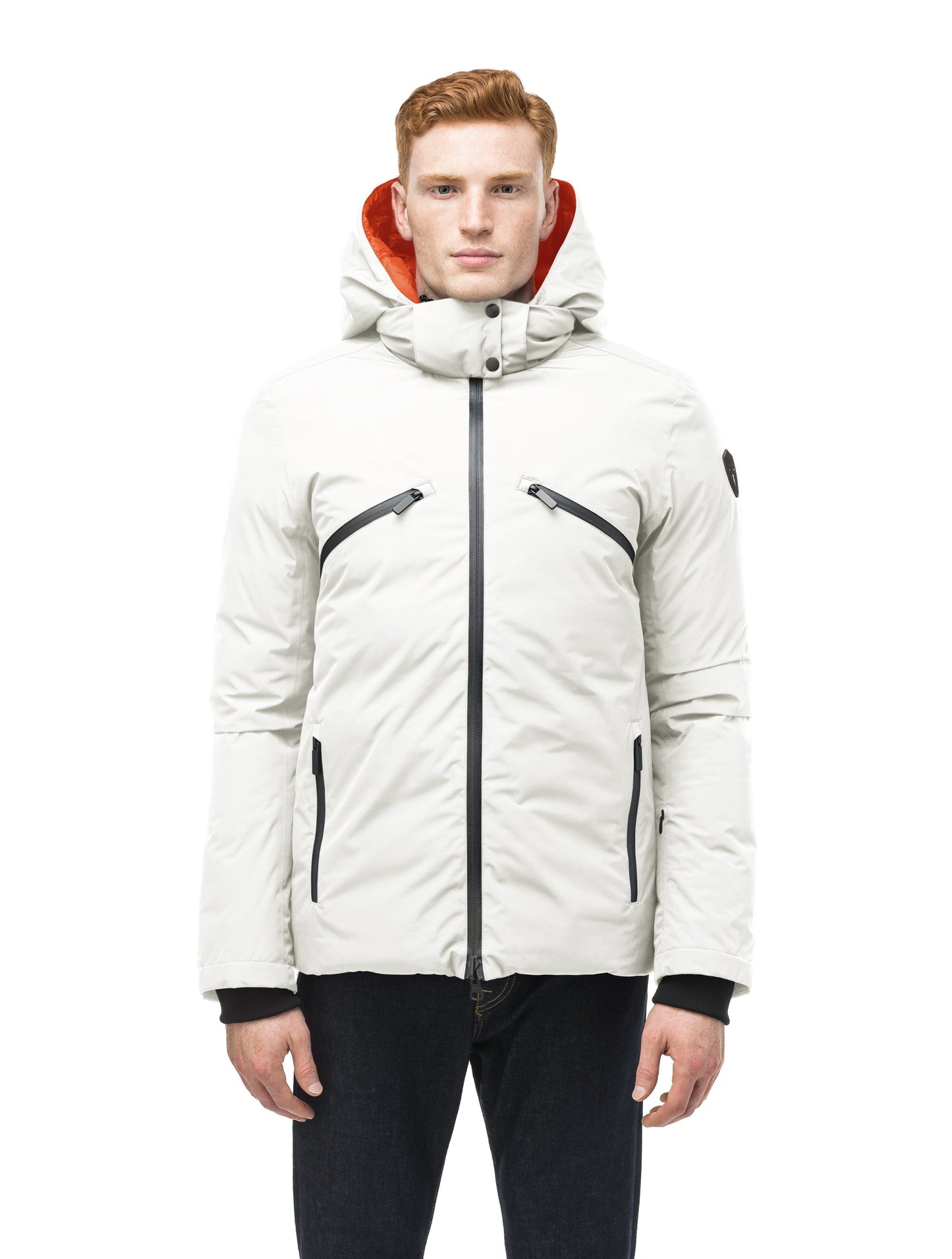 Hip length, reversible men's down filled jacket with removable hood in Chalk/Atomic