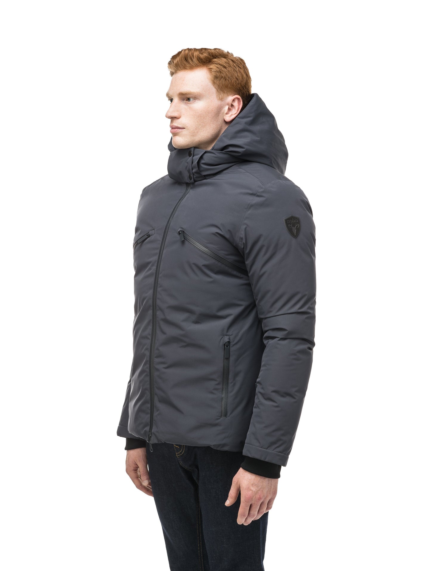 Hip length, reversible men's down filled jacket with removable hood in Marine