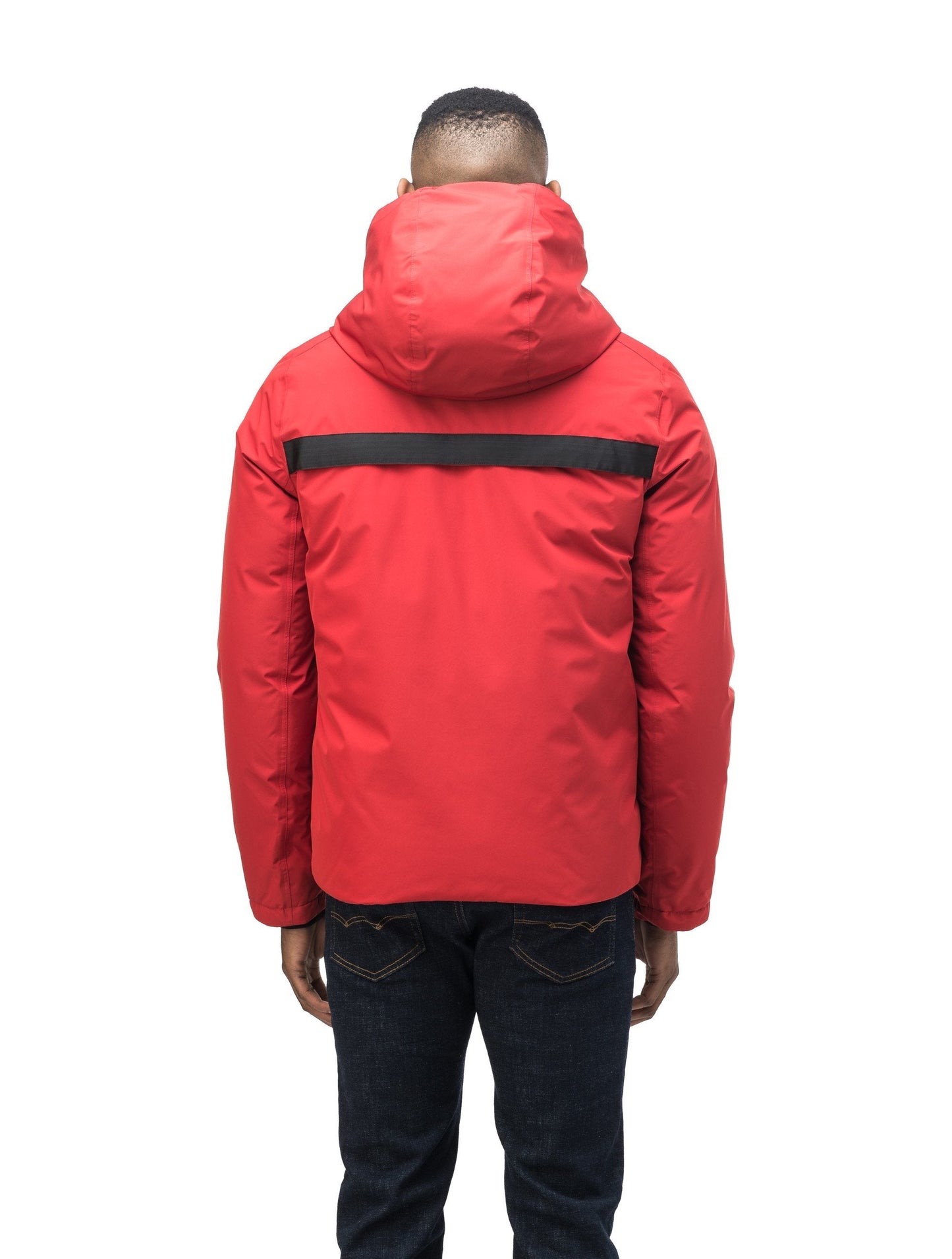 Hip length, reversible men's down filled jacket with removable hood in Vermillion