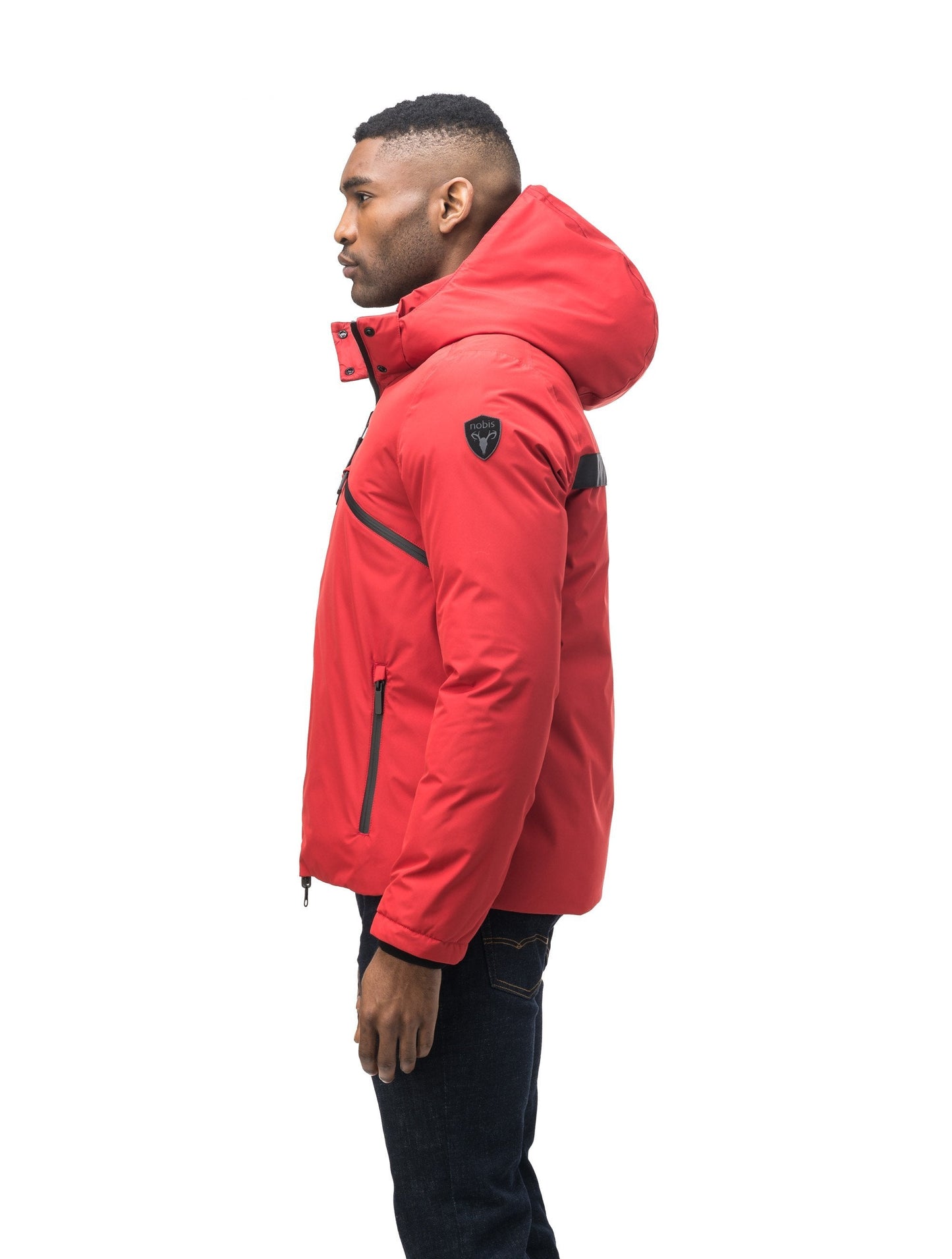 Hip length, reversible men's down filled jacket with removable hood in Vermillion