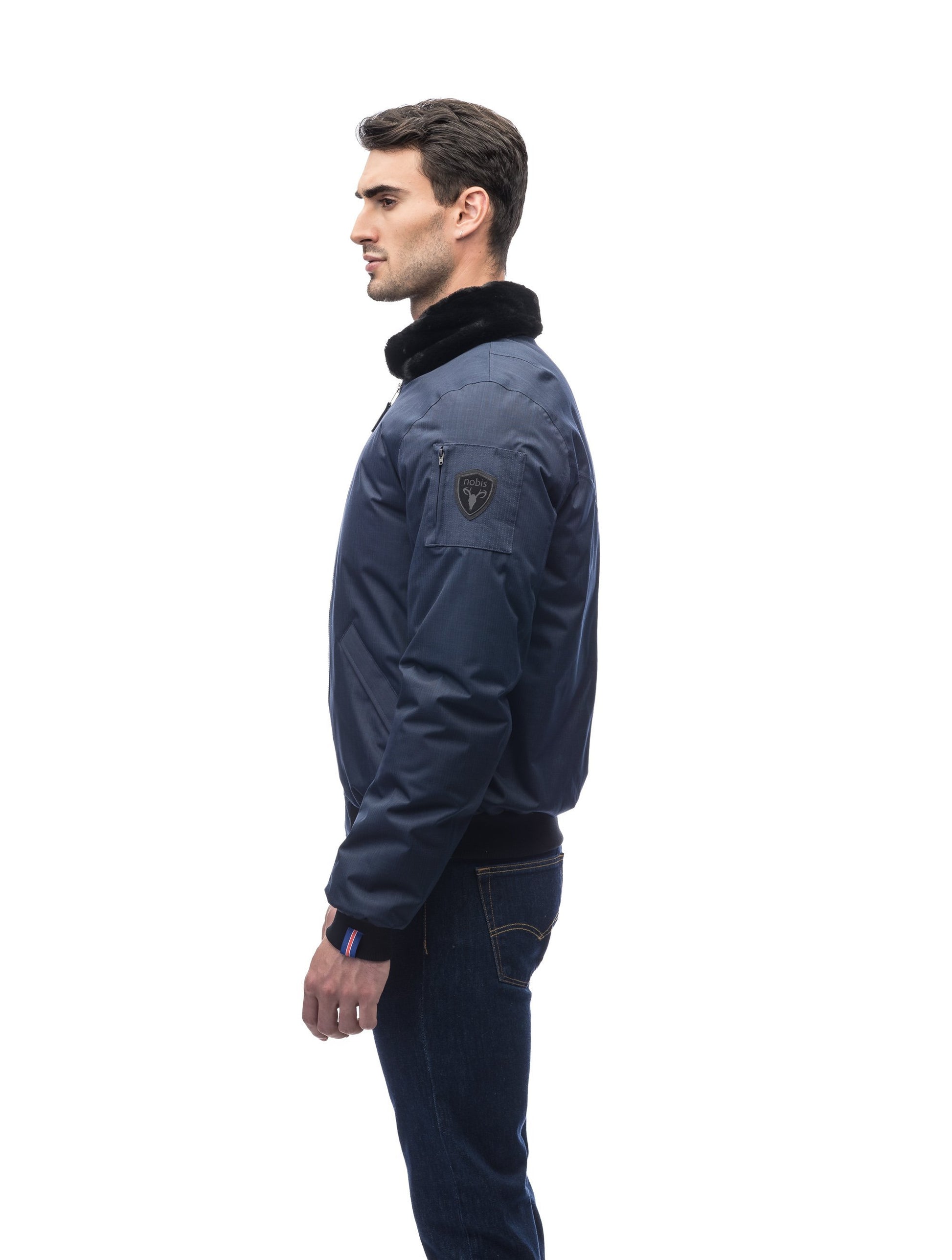 Men's down fileld waist length bomber jacket with shirt style rabbit fur collar in Navy