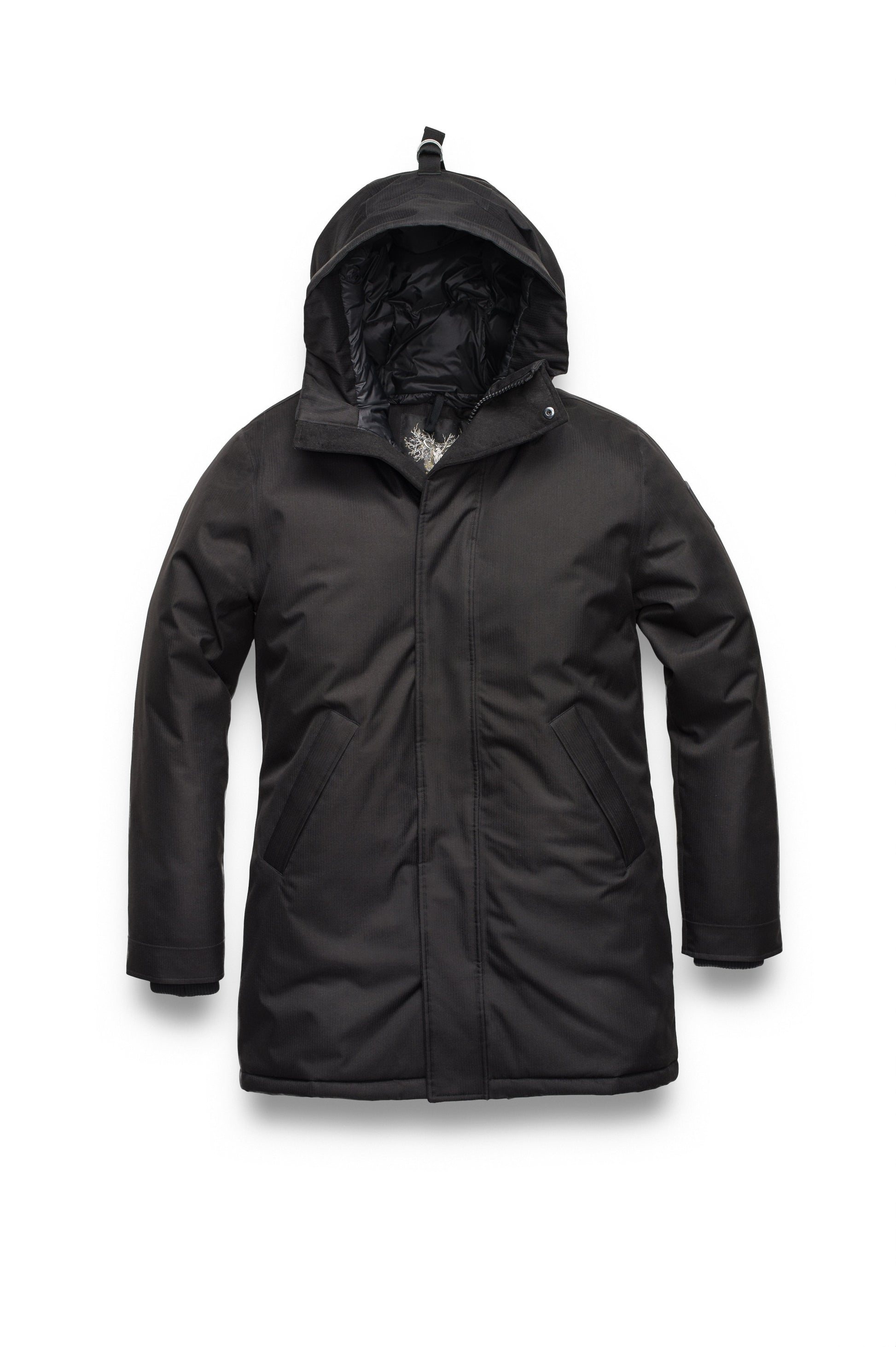 Pierre Men's Jacket in thigh length, Canadian white duck down insulation, non-removable down-filled hood, angled waist pockets, centre-front zipper with wind flap, and elastic ribbed cuffs, in Black