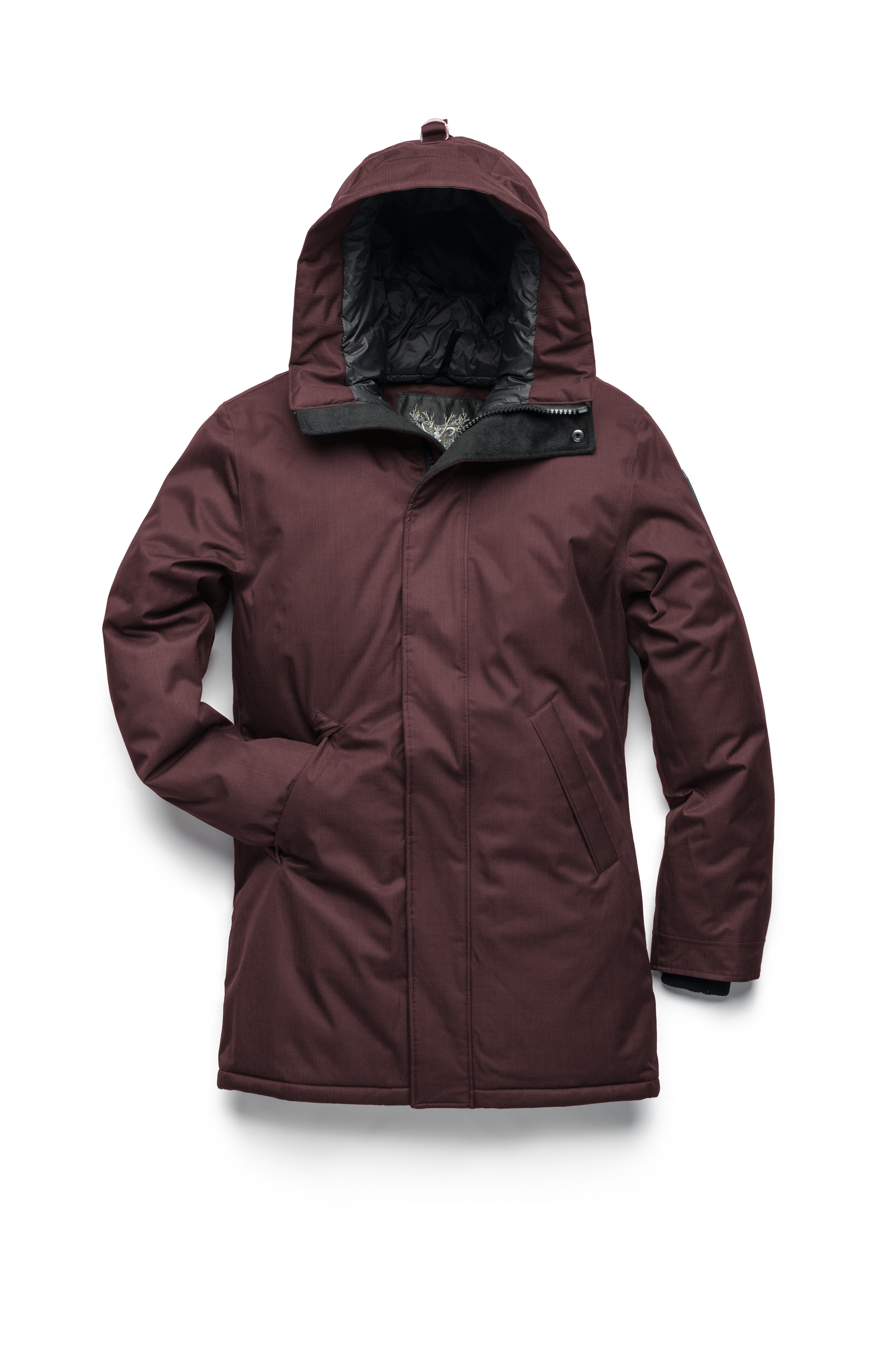 Pierre Men's Jacket in thigh length, Canadian white duck down insulation, non-removable down-filled hood, angled waist pockets, centre-front zipper with wind flap, and elastic ribbed cuffs, in Merlot