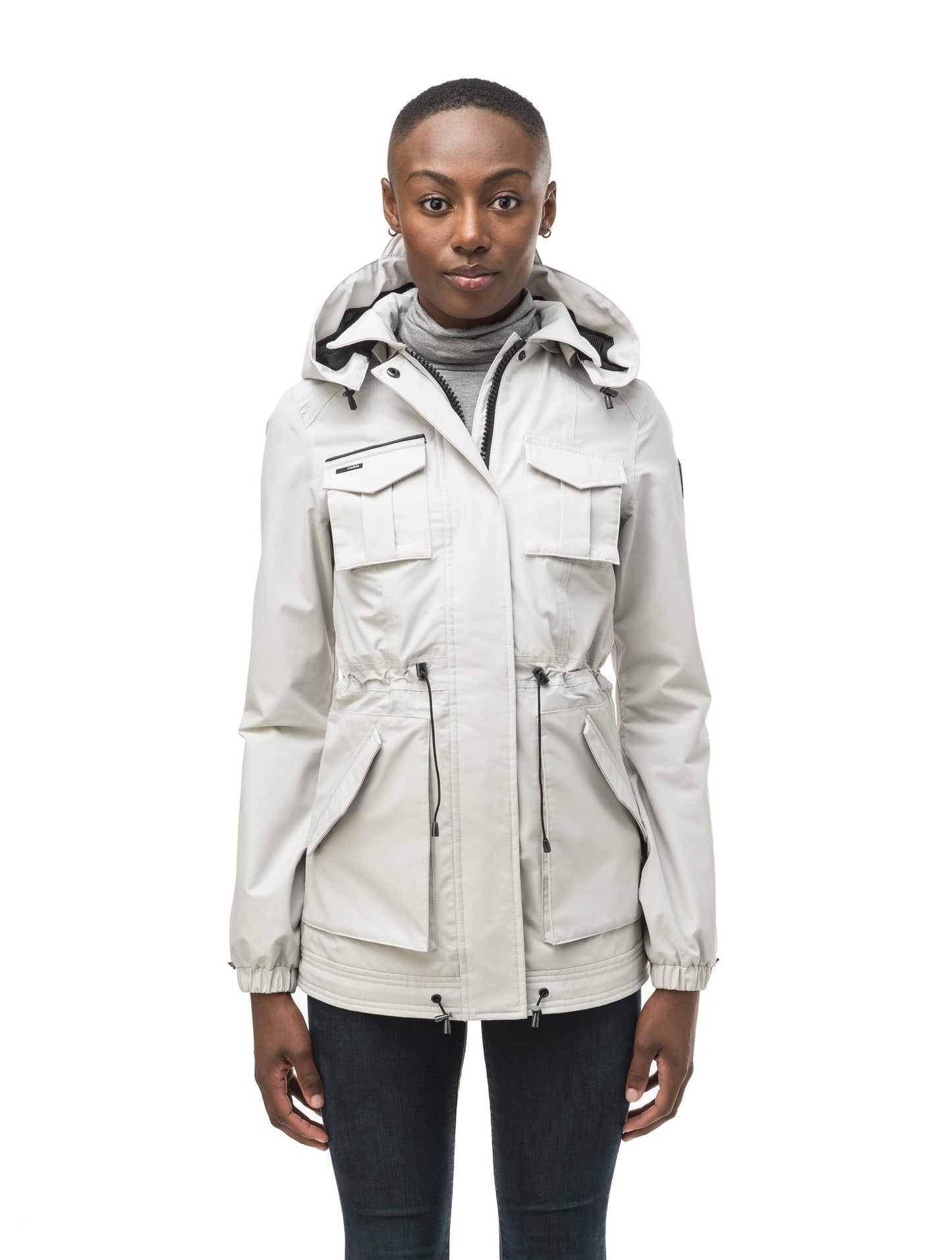Women's hooded shirt jacket with four front pockets and adjustable waist in Lt Grey