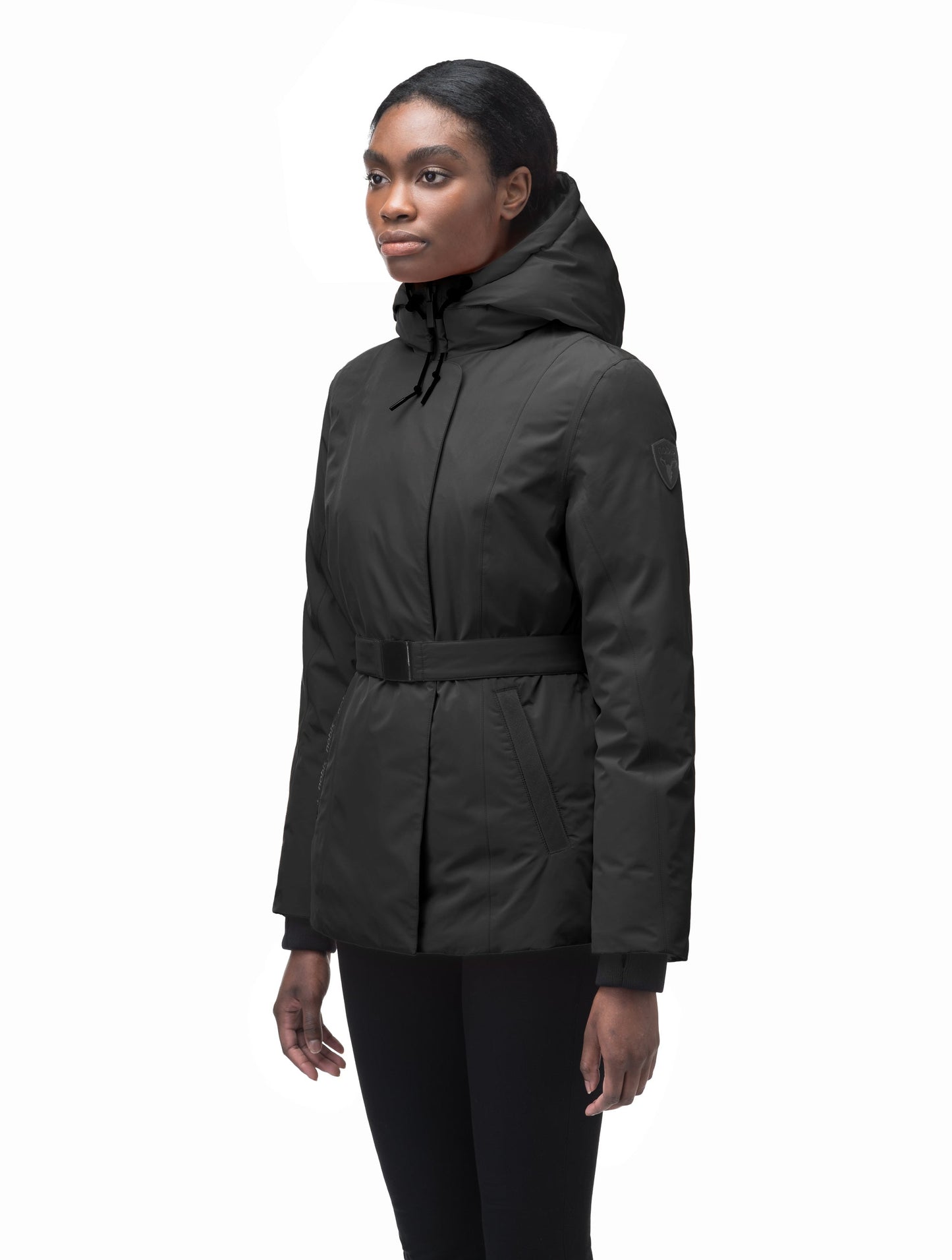 Ladies hip length down-filled parka with non-removable hood and adjustable belt in Black