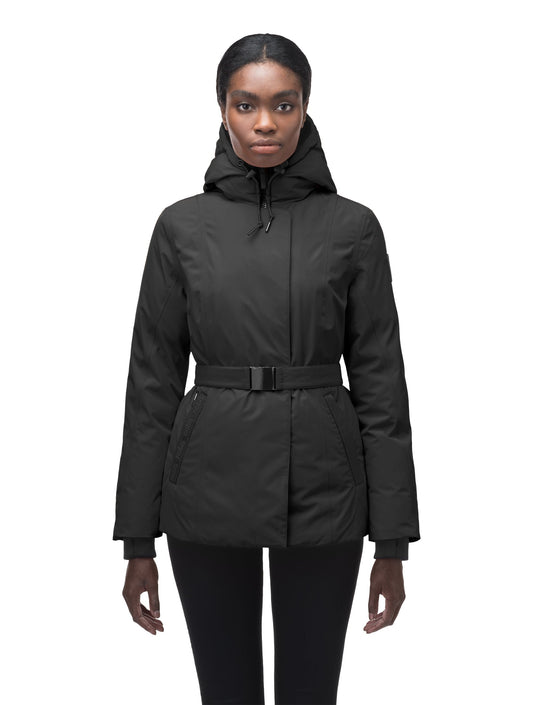 Ladies hip length down-filled parka with non-removable hood and adjustable belt in Black