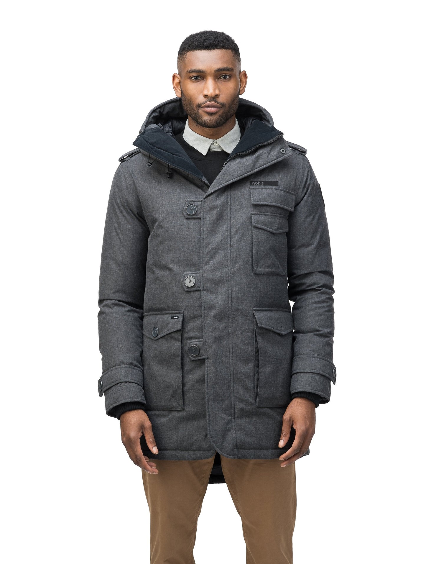 Men's down filled parka with faux button magnet closures and fur free hood with a fishtail hemline in H. Charcoal