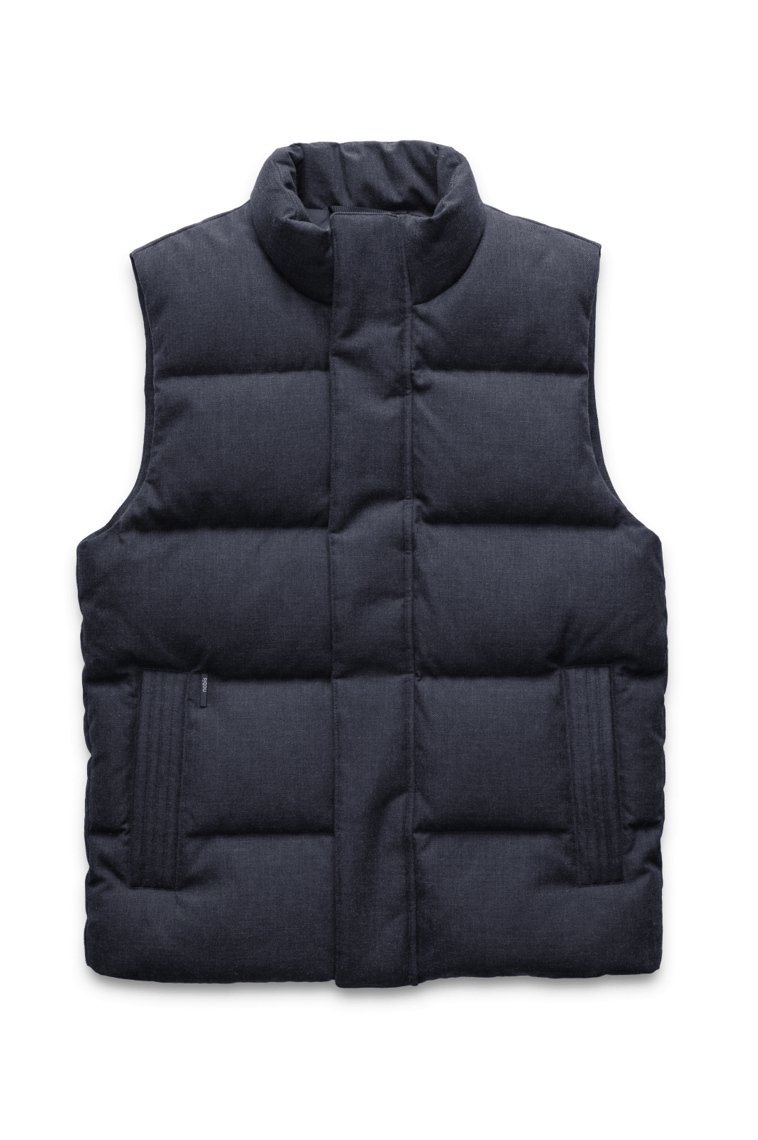 Vale Men's Quilted Vest in hip length, Canadian duck down insulation, and two-way zipper, in H. Navy
