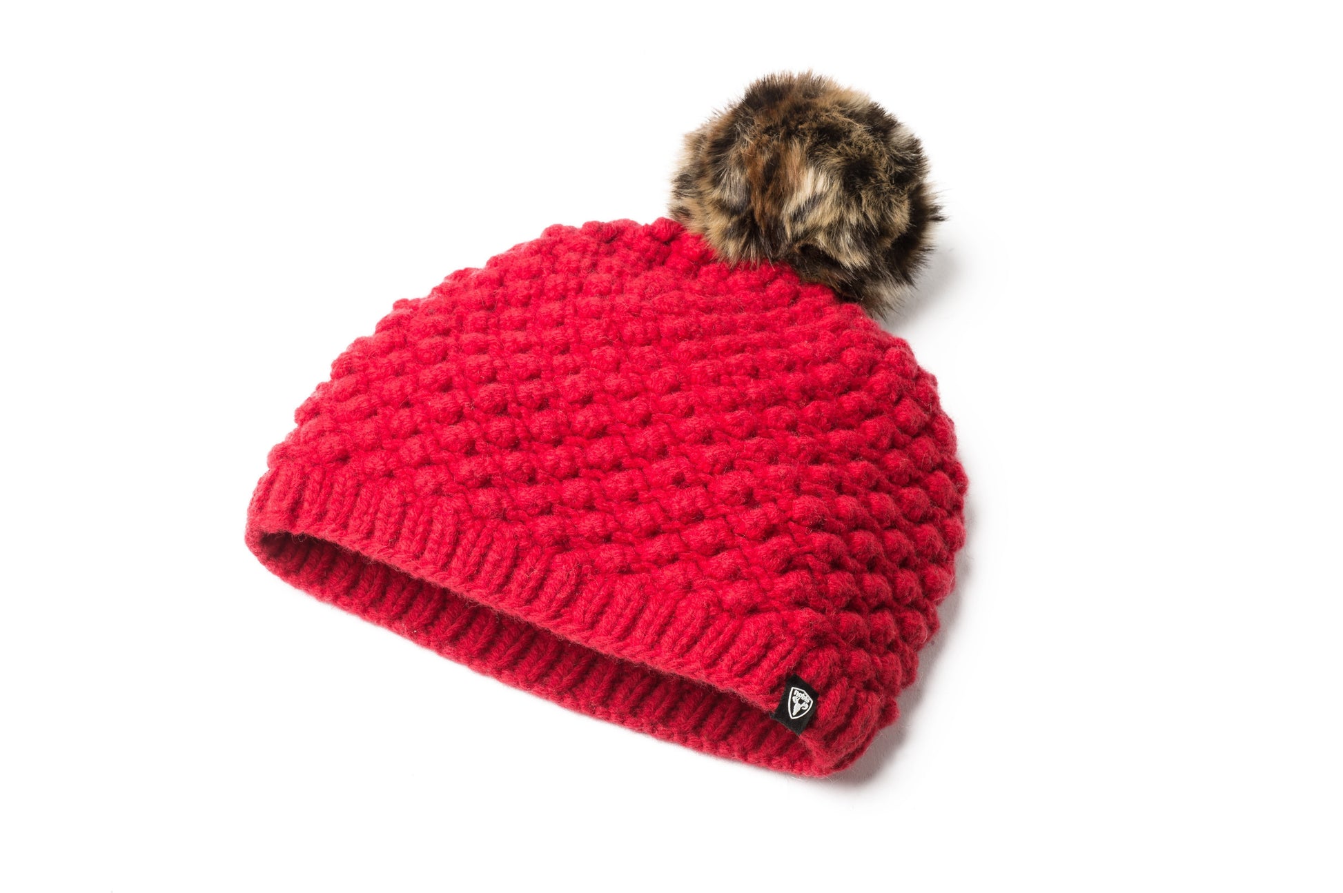 Red bulk knit toque with faux fur pom pom on top