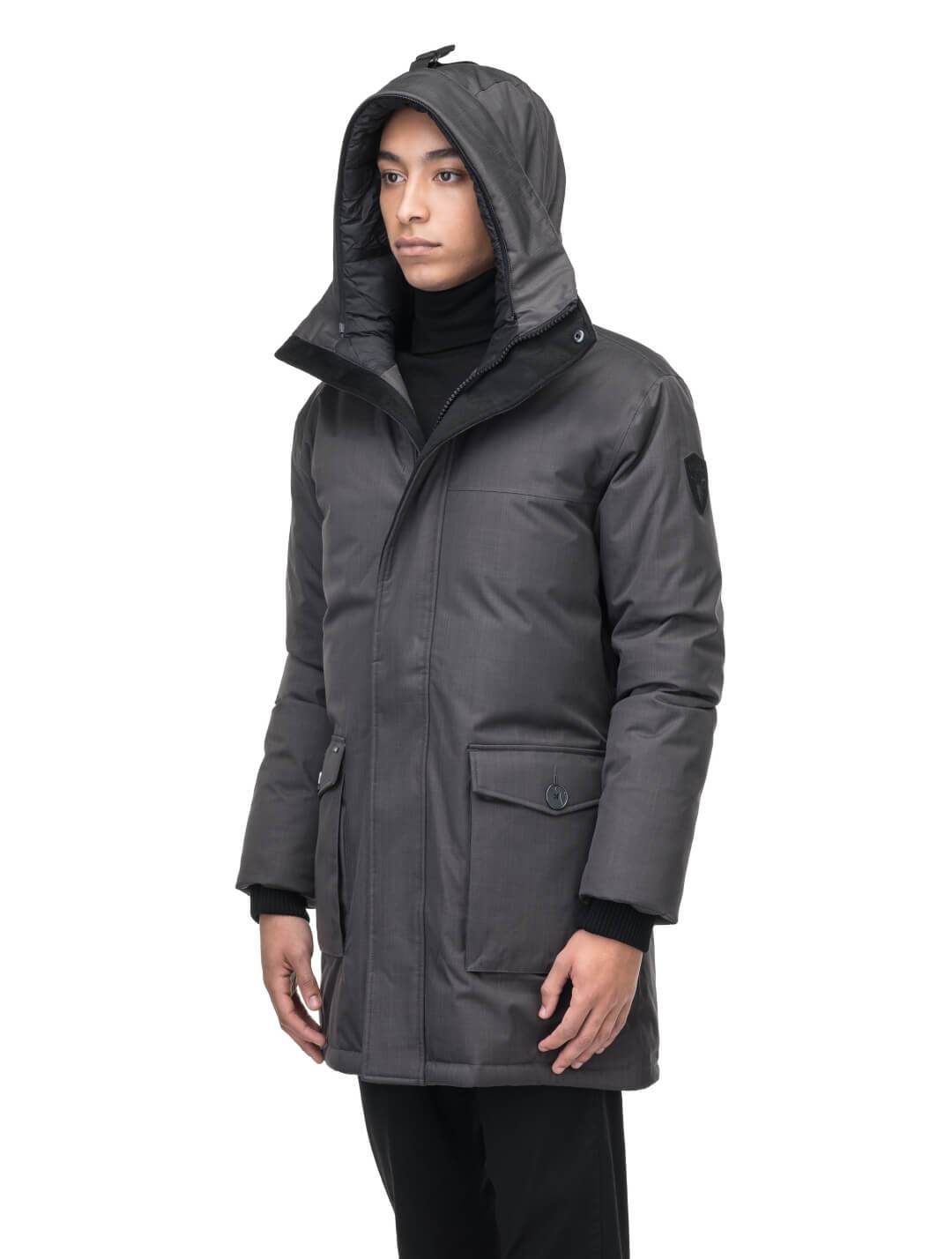 Men's slim fitting waist length parka with removable fur trim on the hood and two waist patch pockets in CH Steel Grey