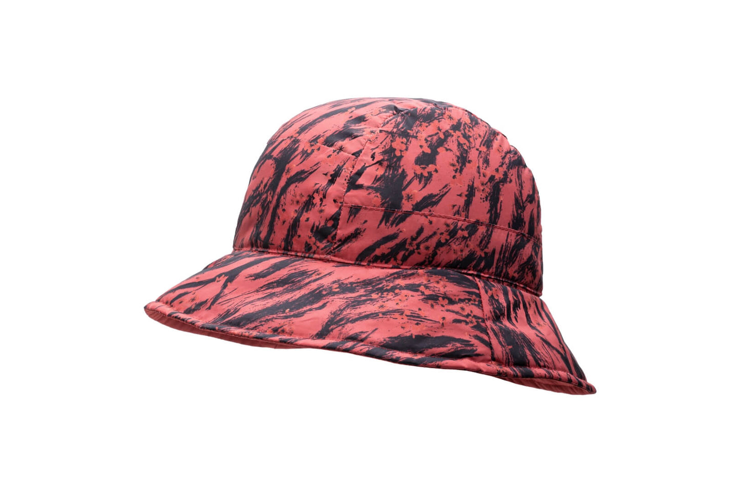 Lunar New Year Reversible Bucket Hat with one side in red tiger print, and the reverse side in tonal red with Nobis label branding on the crown front, in Vermillion