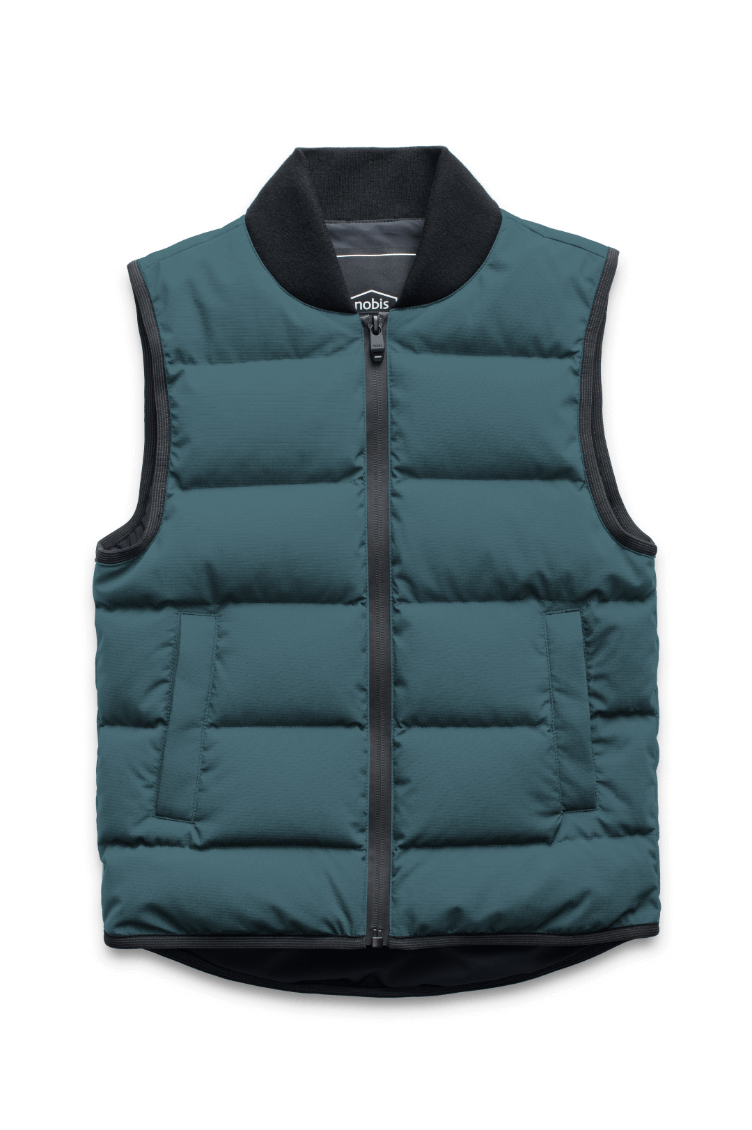 Little Pluto Kids Mid Layer Vest in hip length, Canadian duck down insulation, ribbed collar, two-way front zipper, and quilted body, in Pine